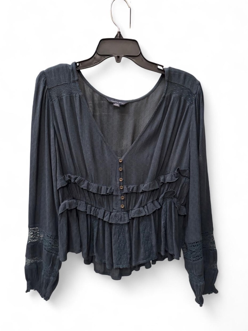 American Eagle Outfitters teal ruffle blouse with lace trim on sleeves